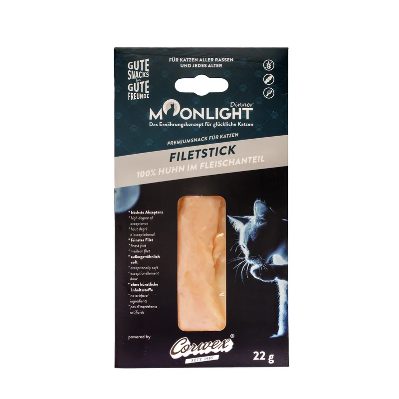Markenprodukt Sparpaket 2 x 22 g Moonlicht-Dinner Filet Stick 100 % Huhn Katzen Snack